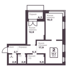 Квартира 66,4 м², 2-комнатная - изображение 1