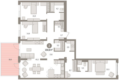Квартира 150,8 м², 3-комнатная - изображение 1