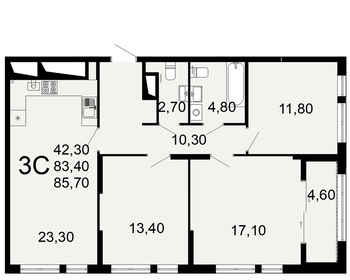 Квартира 85,7 м², 3-комнатная - изображение 1