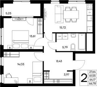 Квартира 66,8 м², 2-комнатная - изображение 1