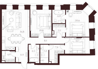 Квартира 140,8 м², 3-комнатная - изображение 2