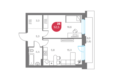 Квартира 52,5 м², 2-комнатная - изображение 1