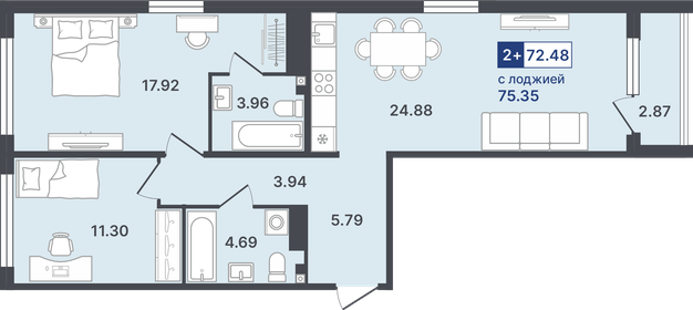 Квартира 72,5 м², 2-комнатная - изображение 1