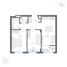 Квартира 56,4 м², 2-комнатная - изображение 2