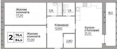 Квартира 76,4 м², 2-комнатная - изображение 1