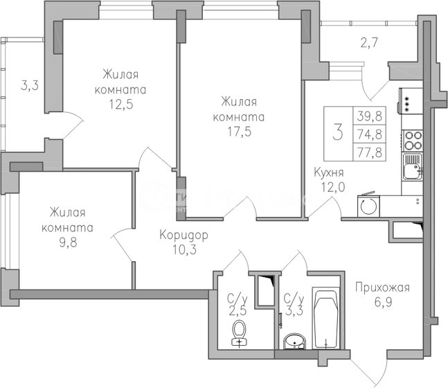 77,8 м², 3-комнатная квартира 7 900 000 ₽ - изображение 46