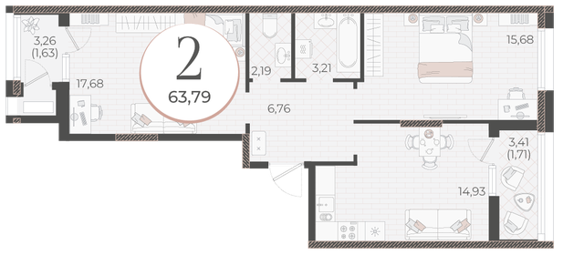 Квартира 63,8 м², 2-комнатная - изображение 1