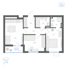 Квартира 51,3 м², 2-комнатная - изображение 2
