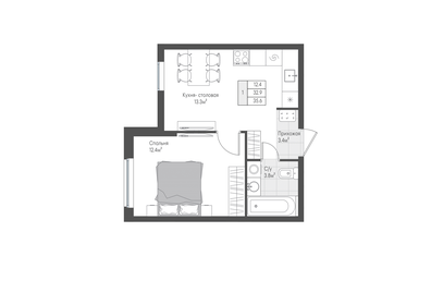Квартира 32,9 м², 1-комнатная - изображение 1