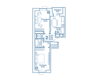 Квартира 59,4 м², 2-комнатная - изображение 1