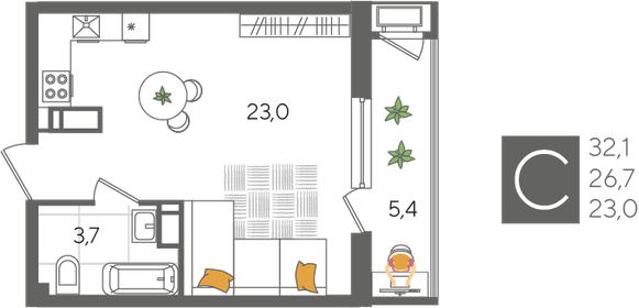 Квартира 32,1 м², студия - изображение 2
