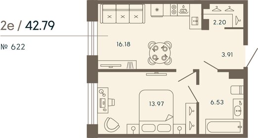 Квартира 42,8 м², 1-комнатные - изображение 1