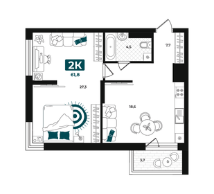 Квартира 61,8 м², 1-комнатная - изображение 1