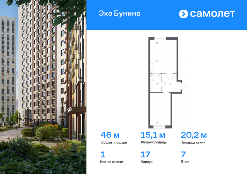46 м², 1-комнатная квартира 12 311 886 ₽ - изображение 1