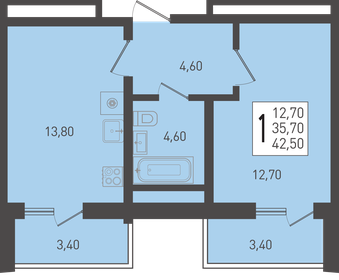 Квартира 42,5 м², 1-комнатная - изображение 1