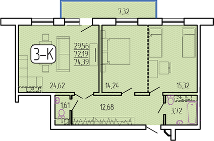 Квартира 74,4 м², 3-комнатная - изображение 2