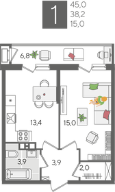 Квартира 45 м², 1-комнатная - изображение 2