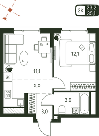 Квартира 35,1 м², 2-комнатная - изображение 1