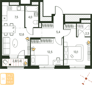 Квартира 59 м², 3-комнатная - изображение 1