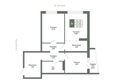 Квартира 59,3 м², 3-комнатная - изображение 1