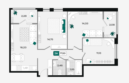 Квартира 77,2 м², 3-комнатная - изображение 1