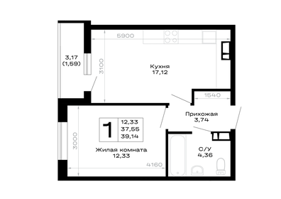 Квартира 39,1 м², 1-комнатная - изображение 1