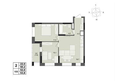 Квартира 52 м², 2-комнатная - изображение 1