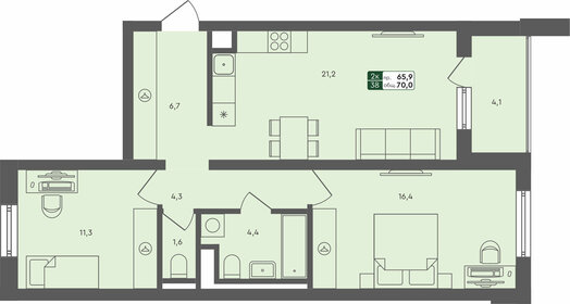 Квартира 69,9 м², 2-комнатная - изображение 1