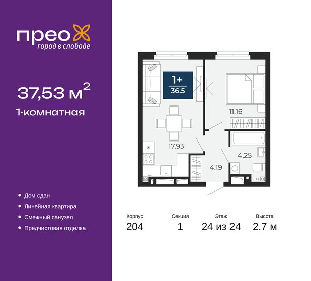 40,3 м², 1-комнатная квартира 6 400 000 ₽ - изображение 73