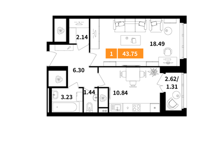 Квартира 43,8 м², 1-комнатная - изображение 1