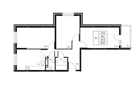 Квартира 69,5 м², 3-комнатная - изображение 1