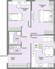 Квартира 54,4 м², 2-комнатная - изображение 1