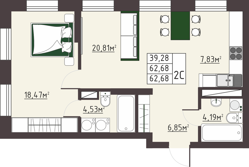 63,8 м², 2-комнатная квартира 7 400 000 ₽ - изображение 68