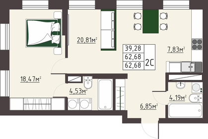 Квартира 62,7 м², 2-комнатная - изображение 1
