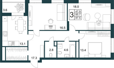 Квартира 87,5 м², 3-комнатная - изображение 1