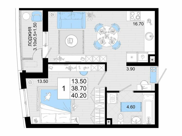 43,9 м², 1-комнатная квартира 7 400 000 ₽ - изображение 69