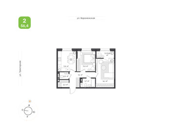 Квартира 56,4 м², 2-комнатная - изображение 1