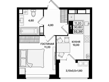 Квартира 32,2 м², 1-комнатная - изображение 1