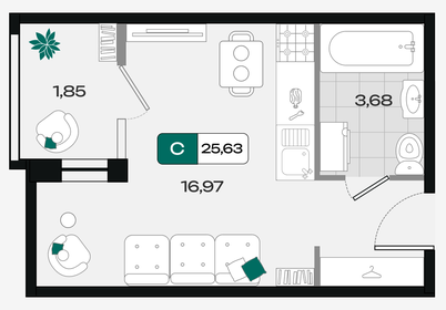 Квартира 25,6 м², студия - изображение 1