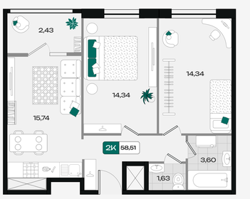 Квартира 58,5 м², 2-комнатная - изображение 1