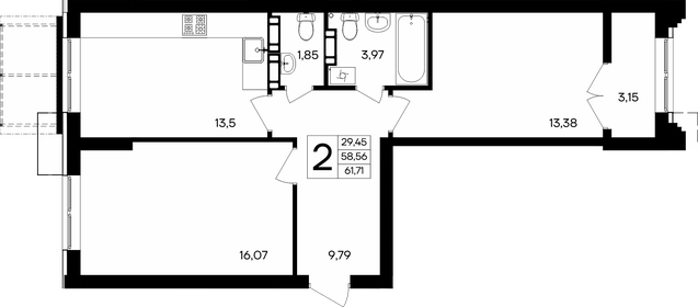 Квартира 61,7 м², 2-комнатная - изображение 1