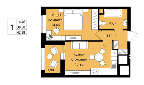 Квартира 38,6 м², 1-комнатная - изображение 1