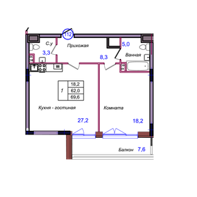 Квартира 69,6 м², 1-комнатные - изображение 1