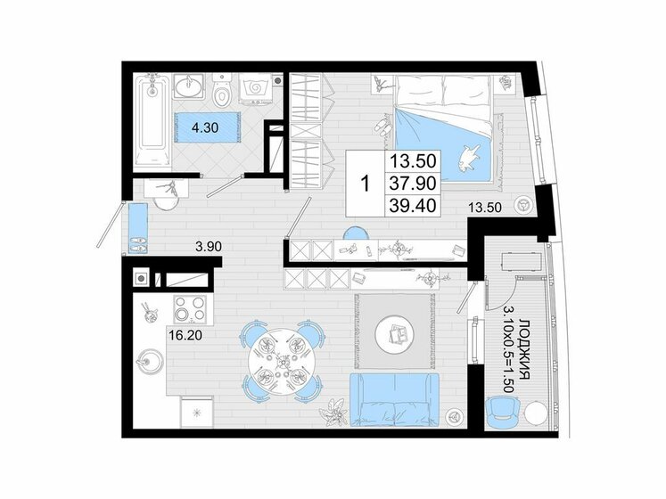 43,9 м², 1-комнатная квартира 7 400 000 ₽ - изображение 71