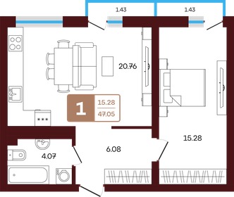 Квартира 47,1 м², 1-комнатная - изображение 1
