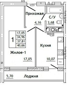Квартира 40,7 м², 1-комнатная - изображение 1