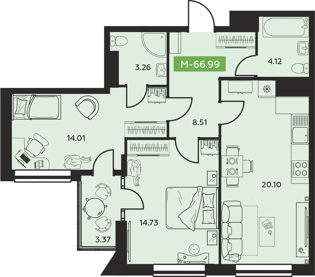67 м², 3-комнатная квартира 11 990 000 ₽ - изображение 1