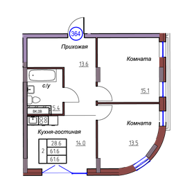 Квартира 61,6 м², 2-комнатные - изображение 1