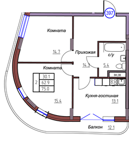 Квартира 75 м², 2-комнатные - изображение 1