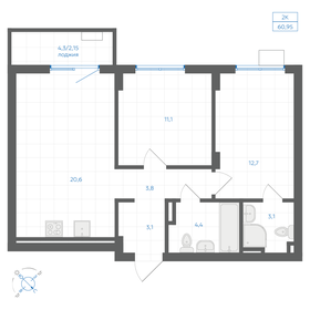 Квартира 61 м², 2-комнатная - изображение 1